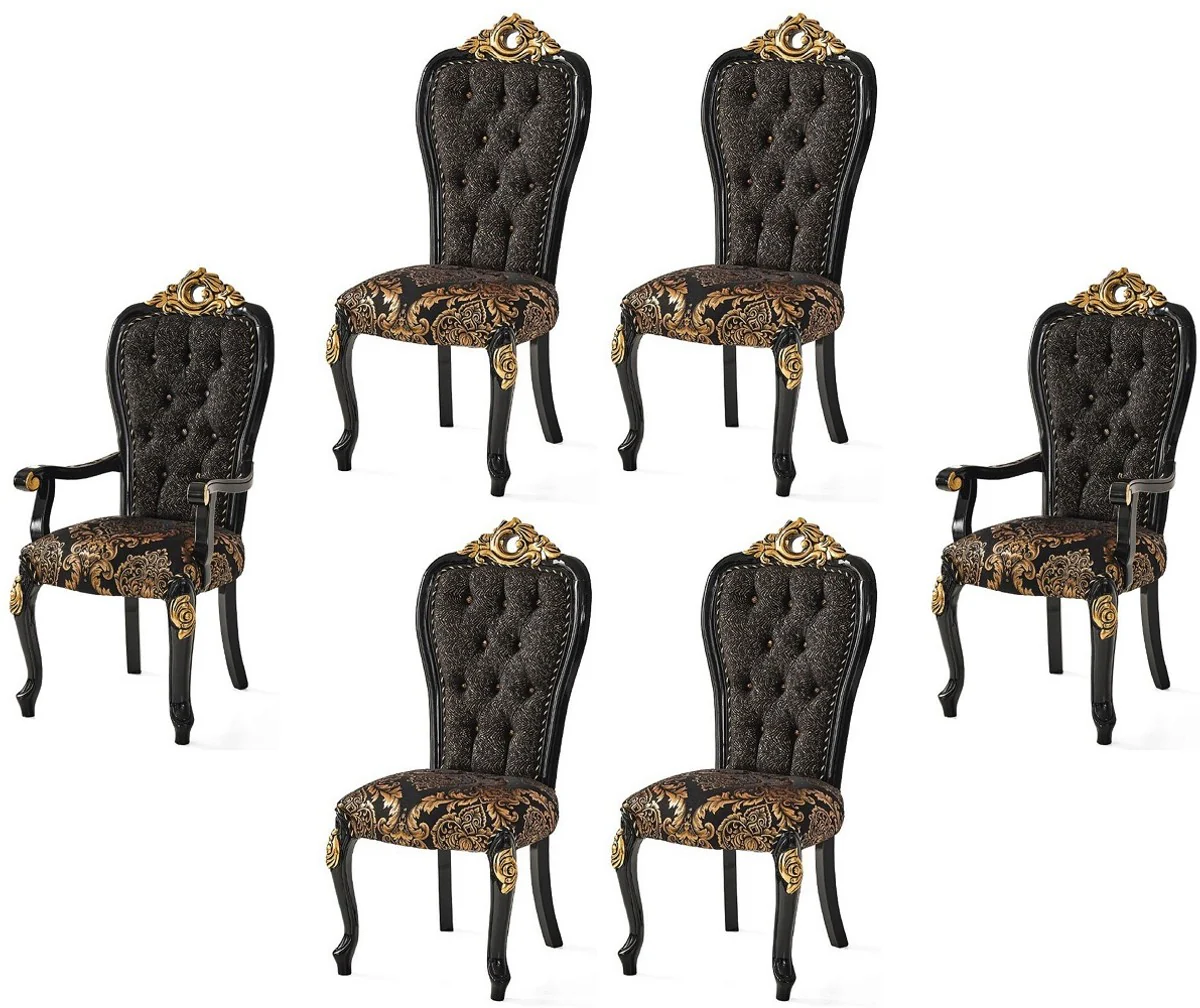 Luxury Baroque Dining Room Chair Set Black / Gold - Kitchen Chairs Set of 6 - Baroque Dining Room Furniture - Noble & Magnificent