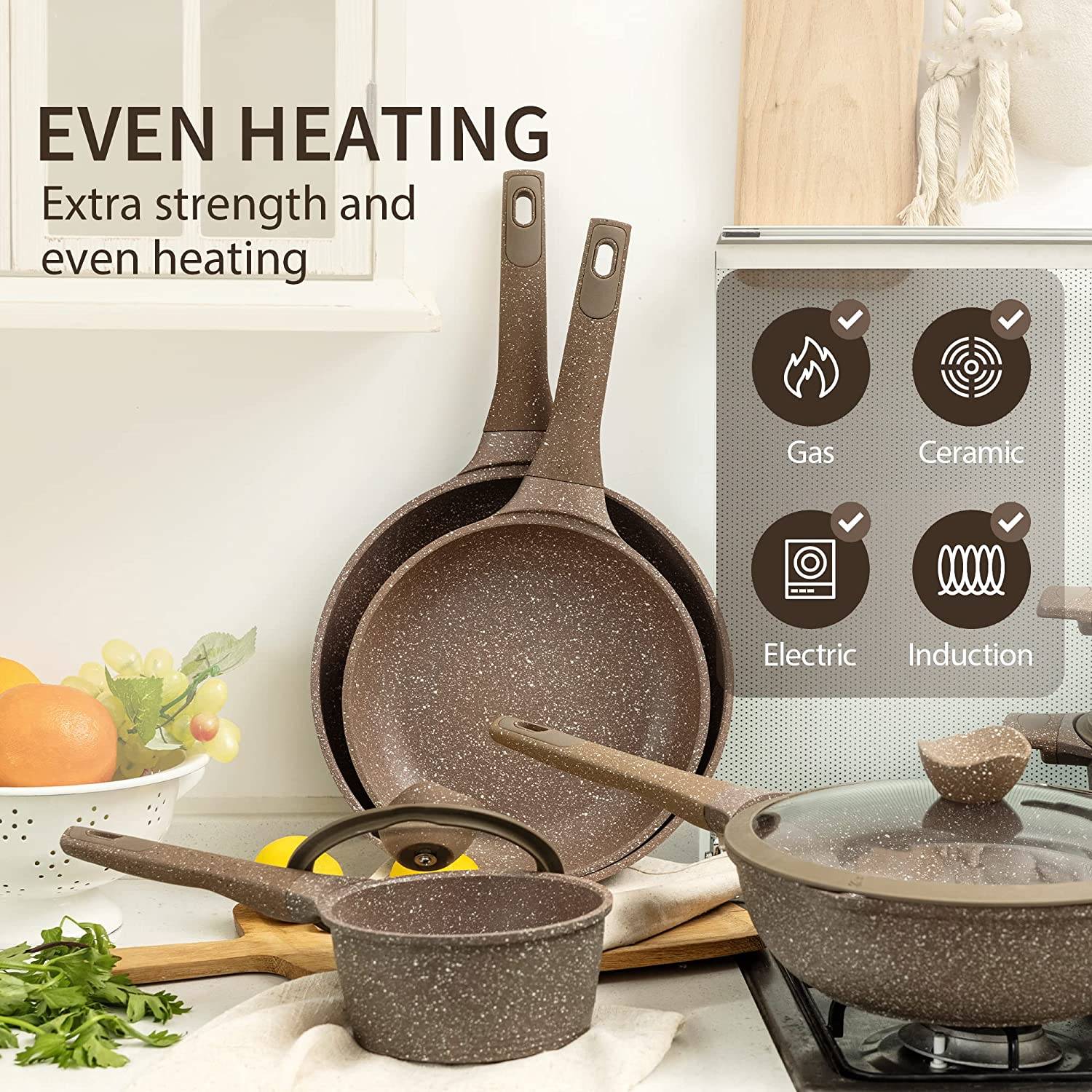 Antihaftbeschichtetes Kochgeschirr-Set, 10-teiliges Set aus Töpfen und Pfannen, antihaftbeschichtet, gesundes Antihaft-Induktionskochgeschirr aus Stein, Küchen-Granit-Kochset mit Bratpfannen und Topf, PFOS, PFOA-frei (brauner Granit)