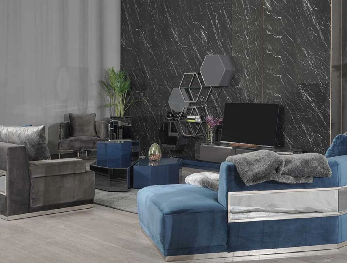 Luxury sofa blue / silver 480 x 100 x H. 70 cm - Curved living room sofa - Hotel sofa - Living room furniture - Hotel furniture - Luxury furniture - Luxury furnishings