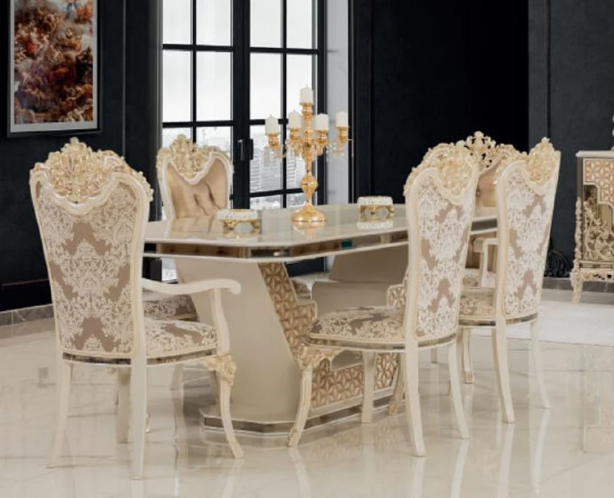 Luxury Baroque Dining Room Set White / Gold - 1 Baroque Dining Table & 6 Baroque Dining Chairs - Luxury Dining Room Furniture in Baroque Style - Baroque Furniture - Noble & Magnificent