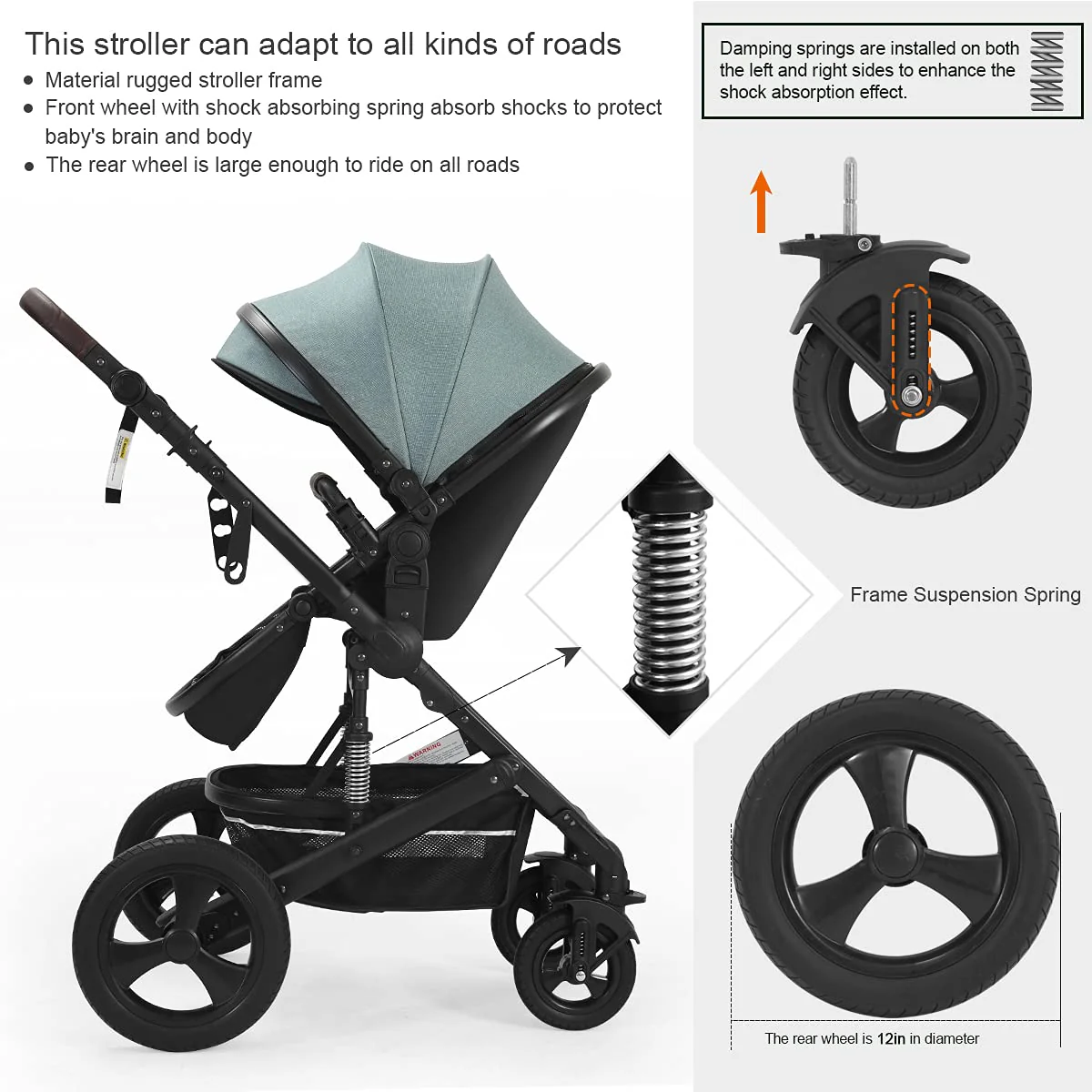 Kinderwagen für Neugeborene und Kleinkinder – Cynebaby 2-in-1 Hochformat, umwandelbar, umkehrbar, stoßfest, Stubenwagen, Kinderwagen, Kinderwagen, mit Getränkehalter, Fußsack und Wickeltasche (grün)