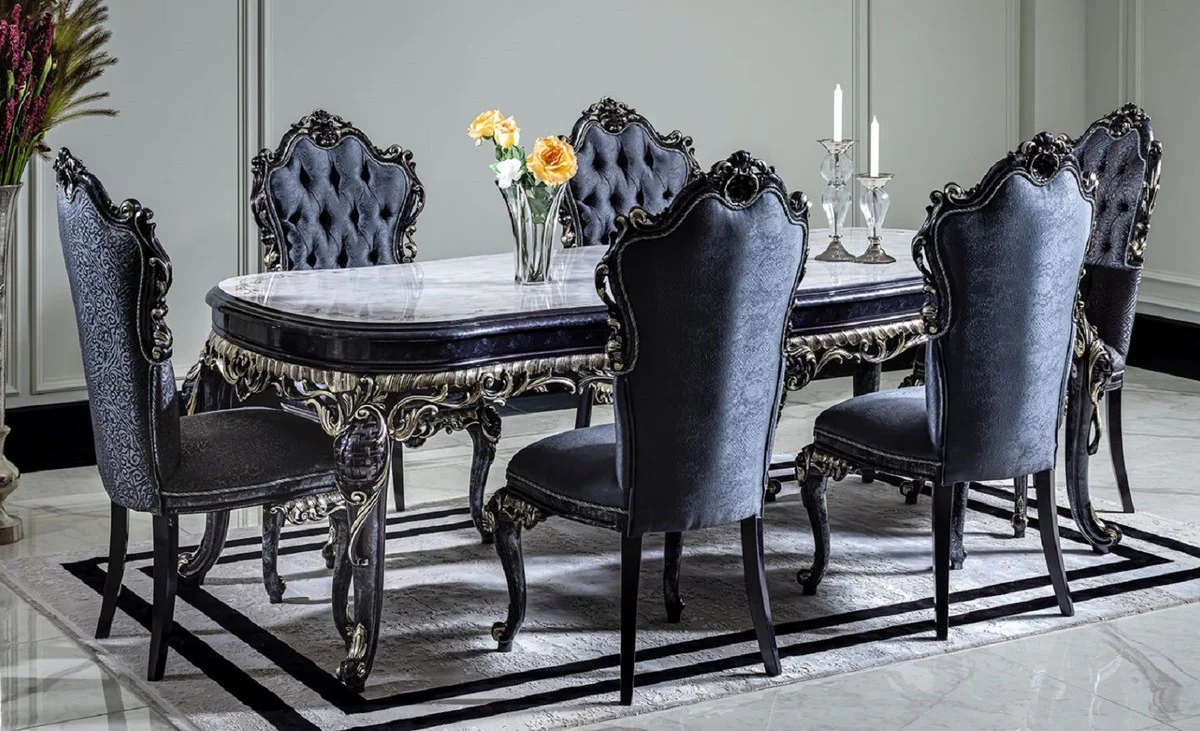 Luxury Baroque Dining Room Set White / Blue / Gold - 1 Dining Table & 6 Dining Chairs - Baroque Dining Room Furniture - Noble & Magnificent