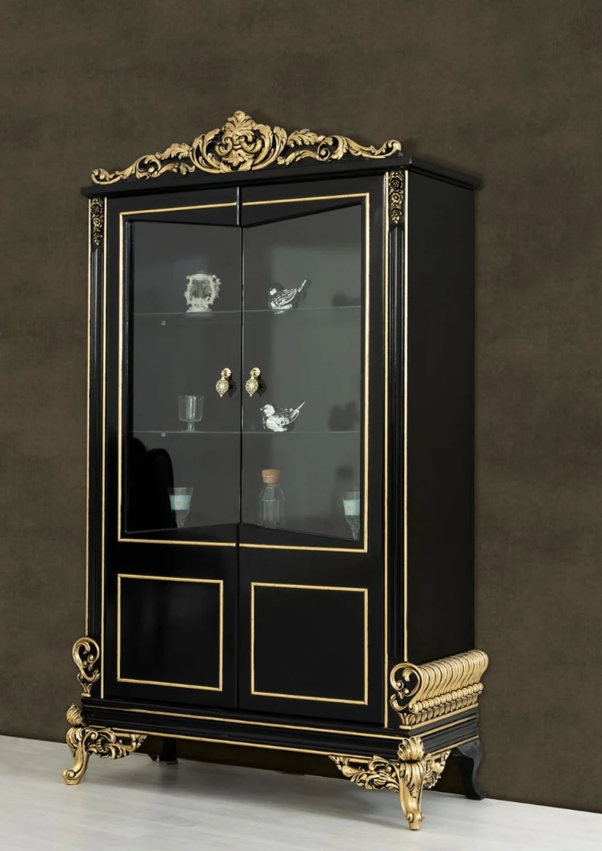 Luxury baroque living room display cabinet black / gold 130 x 55 x H. 210 cm - Magnificent baroque display cabinet with 2 glass doors - Noble baroque furniture