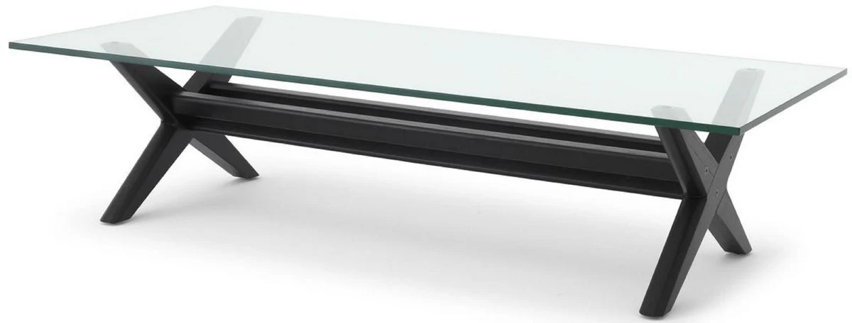 Luxury coffee table black 160 x 80 x H. 40.5 cm - Rectangular solid wood living room table with glass top - Luxury living room furniture