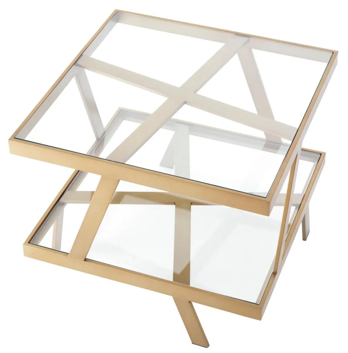 Luxury side table brass 60 x 60 x H. 50.5 cm - Square stainless steel table with glass tops - Living room furniture - Luxury furniture - Luxury quality