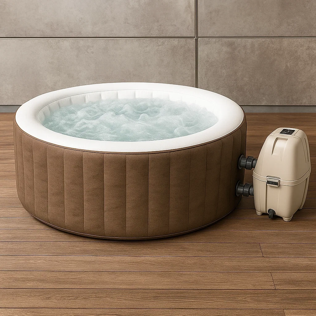 Aufblasbarer Whirlpool 196 x 196 x 71 cm, 4 Sitze, Beige/Weiß, runde Form quwcUJv374Ko