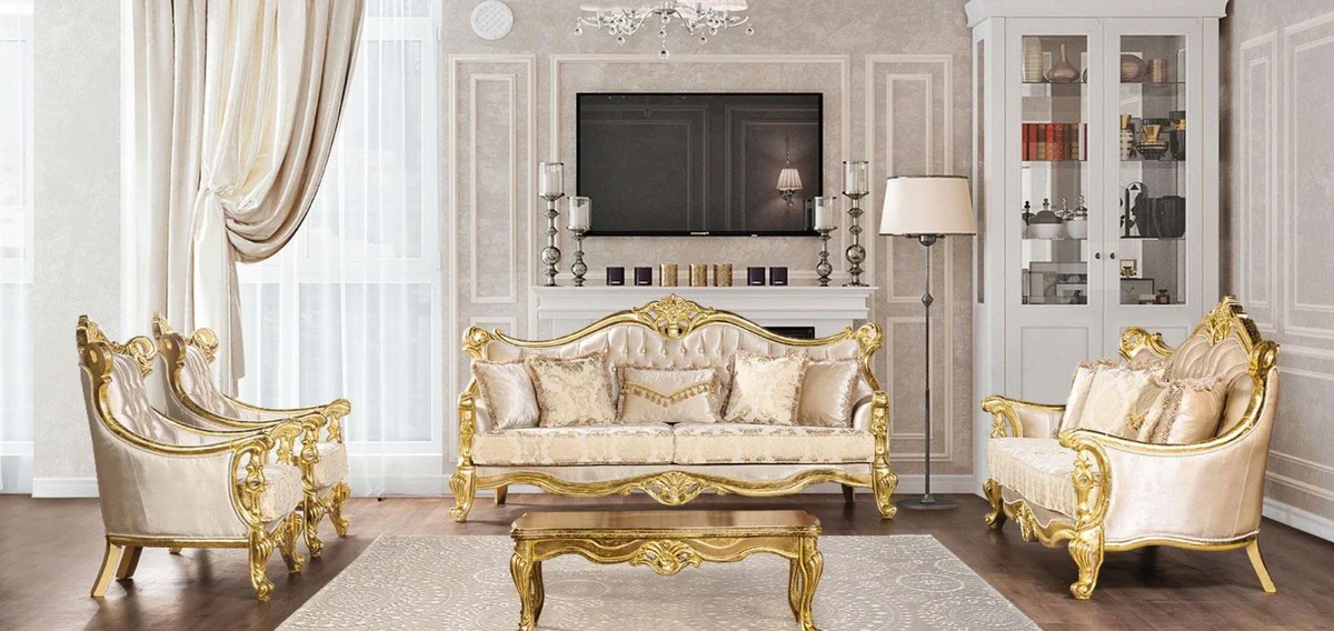 Luxus Barock Wohnzimmer Set Beige / Gold - 2 Barock Sofas mit Muster & 2 Barock Sessel mit Muster & 1 Barock Couchtisch - Barock Wohnzimmer Möbel
