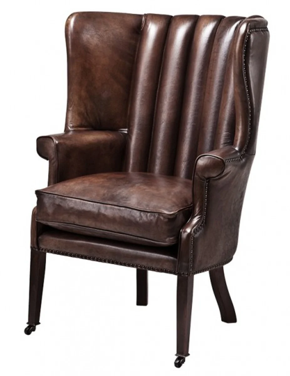 Luxury genuine leather wing chair Elegance Chesterfield Vintage dark brown - armchair with real leather