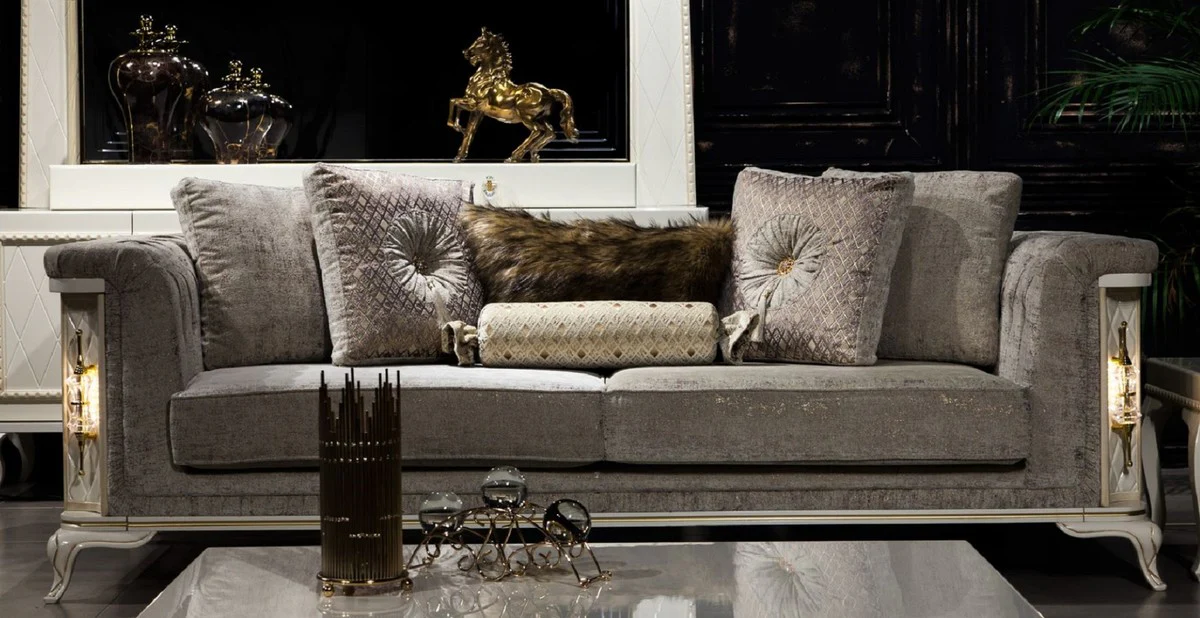 Luxury Baroque Sofa Gray / White / Gold - Illuminated Living Room Sofa in Baroque Style - Baroque Living Room Furniture - Noble & Magnificent