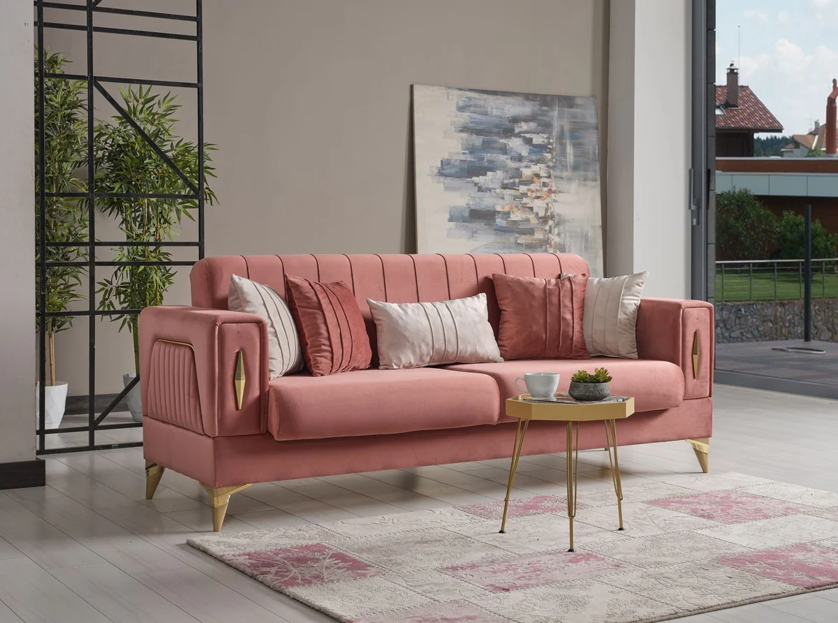 Luxury sofa bed pink / gold 222 x 93 x H. 87 cm - Living room sofa with 5 cushions - Luxury living room furniture