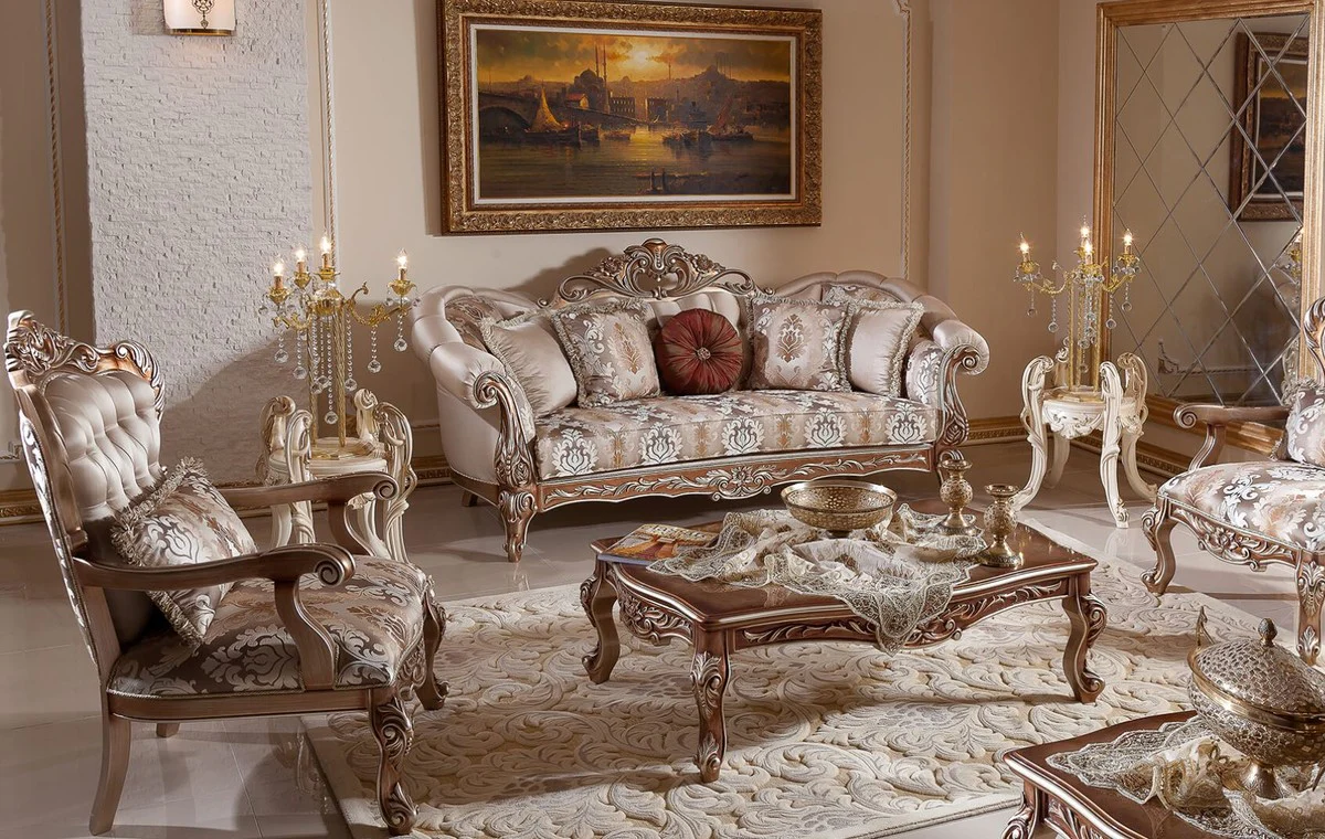 Luxus Barock Wohnzimmer Set Grau / Kupfer / Silber - 2 Barock Sofas & 2 Barock Sessel & 1 Barock Couchtisch - Luxus Wohnzimmer Möbel im Barockstil - Barock Möbel - Barock Einrichtung