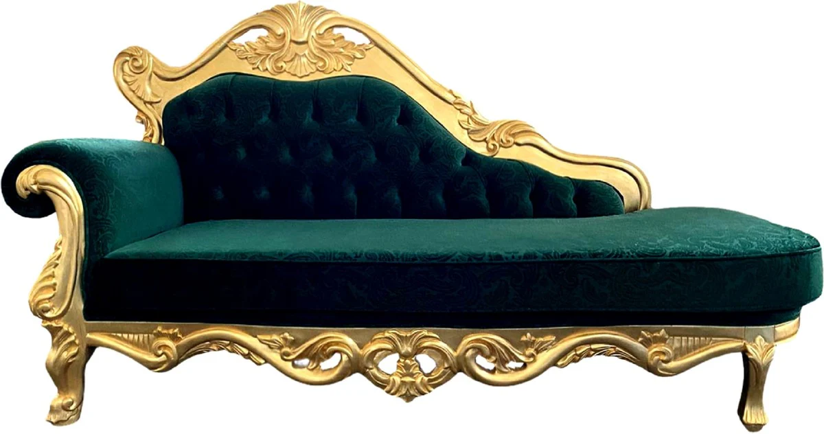 Luxury Baroque Chaise Longue Green / Gold - Handcrafted solid wood chaise longue with elegant velvet fabric and elegant pattern - Baroque furniture - Noble & magnificent