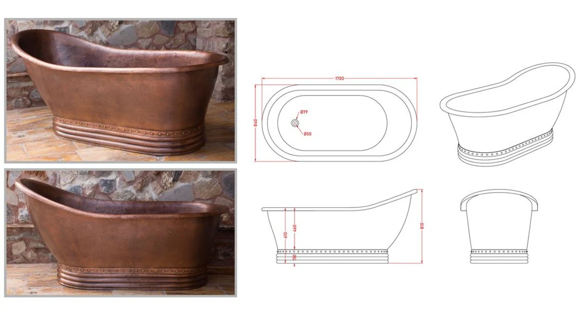 Luxury Art Nouveau copper bathtub 170 x 84 x H. 81 cm - Freestanding retro bathtub - Rustic copper bathroom furniture