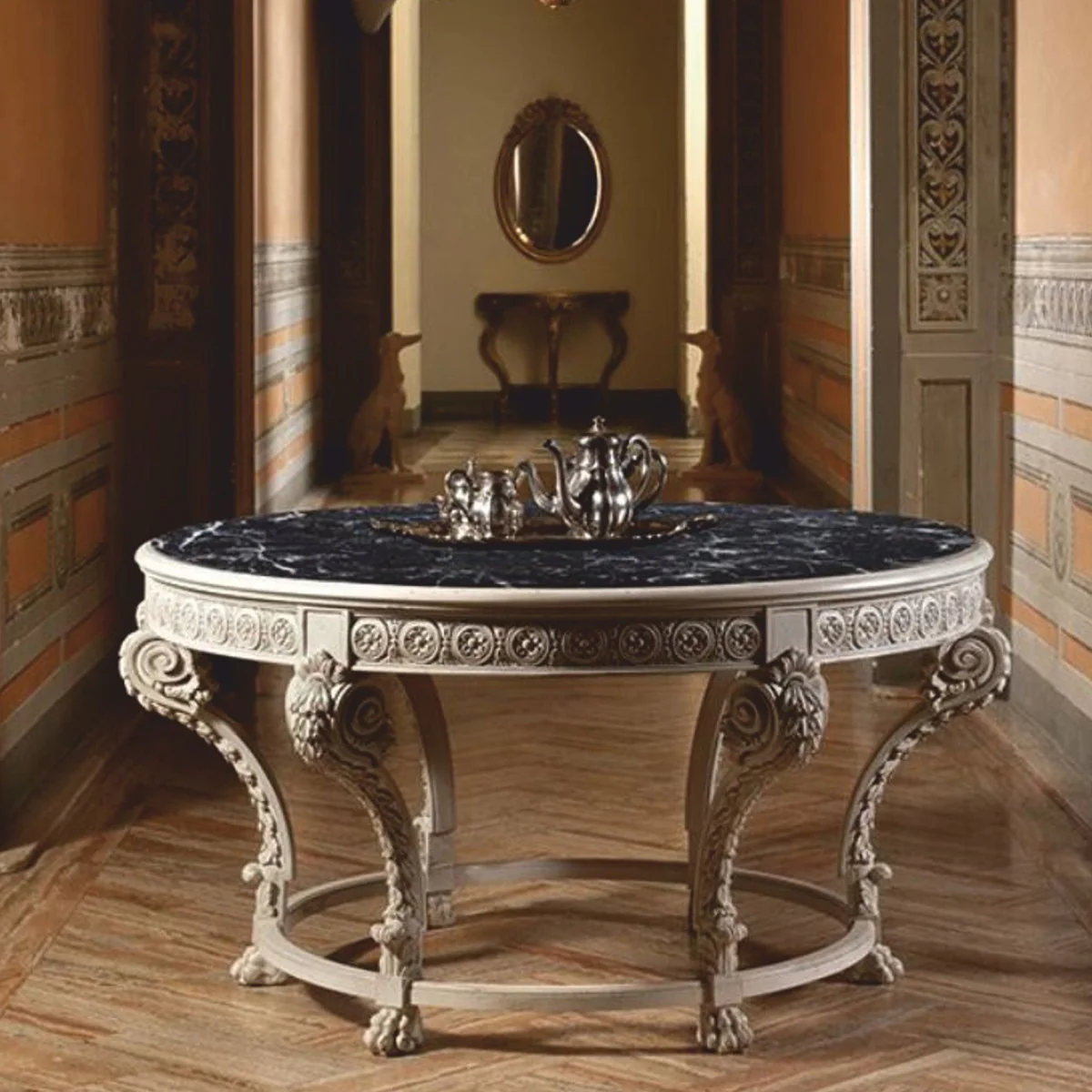 Luxury baroque dining table with marble top gray / black Ø 142 cm - Made in Italy