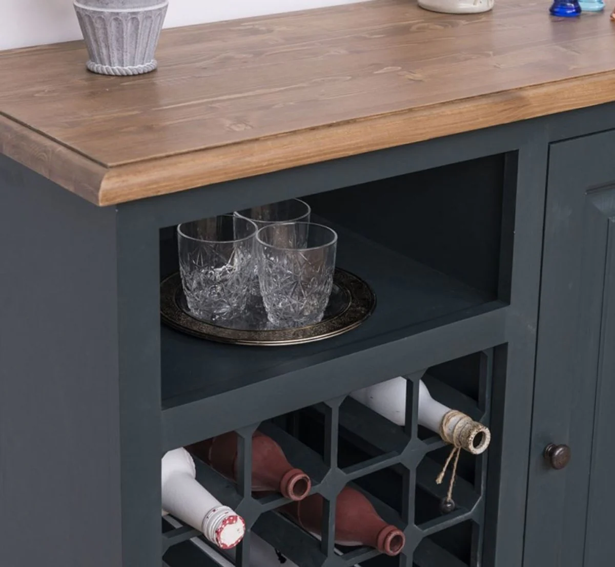 Country house style wine cabinet with door gray blue / natural color 90 x 41 x H. 90 cm - country house style furniture