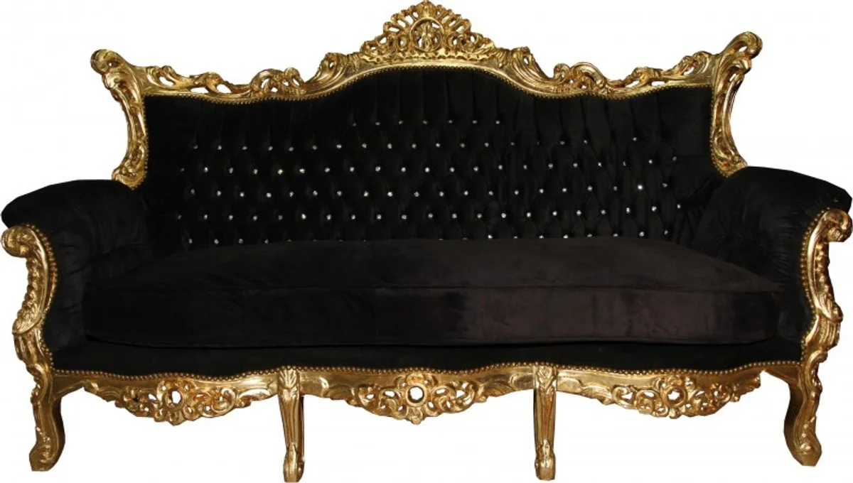 Baroque Sofa Master Black / Gold with Bling Bling Rhinestones - Furniture Couch Lounge