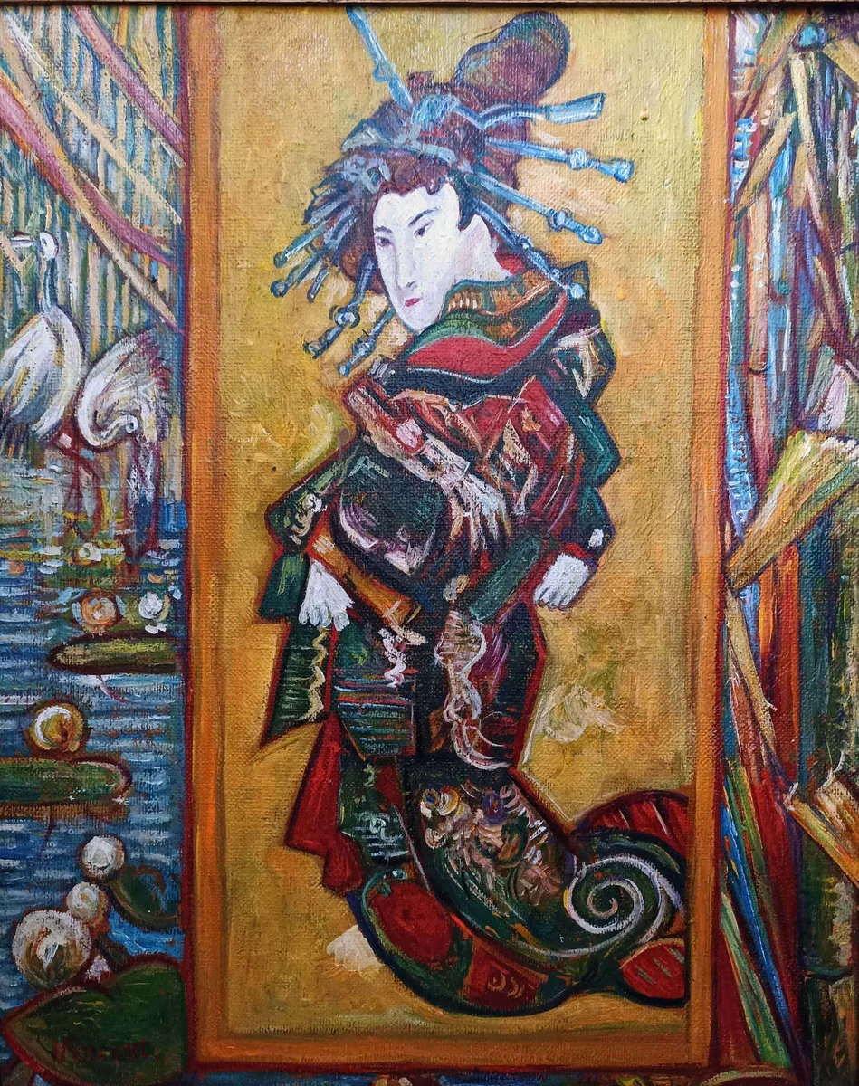 Vintage oil painting after Vincent van Gogh Cortesan Japanese Woman 83.5 x 73.5 cm - Authentic antique painting after the original - Hand painted