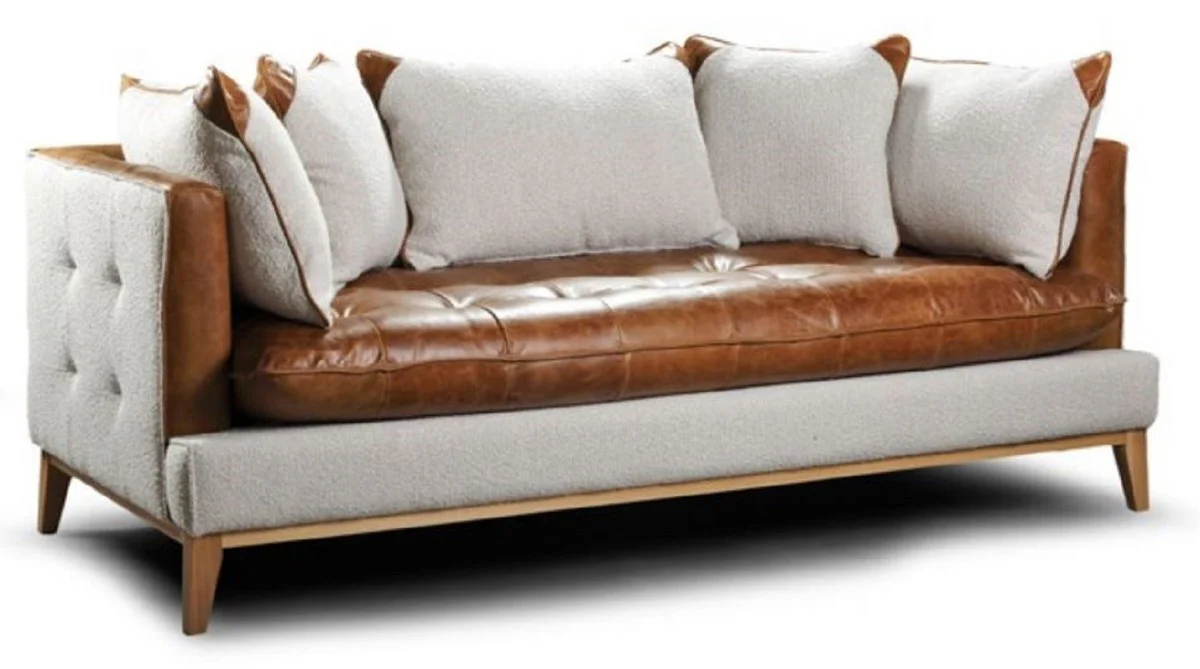 Luxury Chesterfield 3-seater sofa brown / white / natural colors 215 x 95 x H. 85 cm - living room sofa with real leather - Chesterfield living room furniture