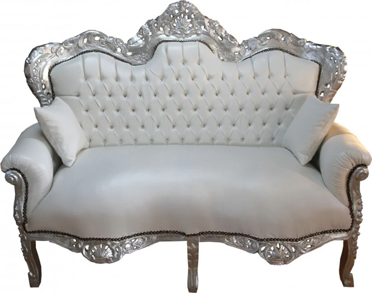 Baroque 2-seater sofa King white leather look / silver - living room couch furniture lounge