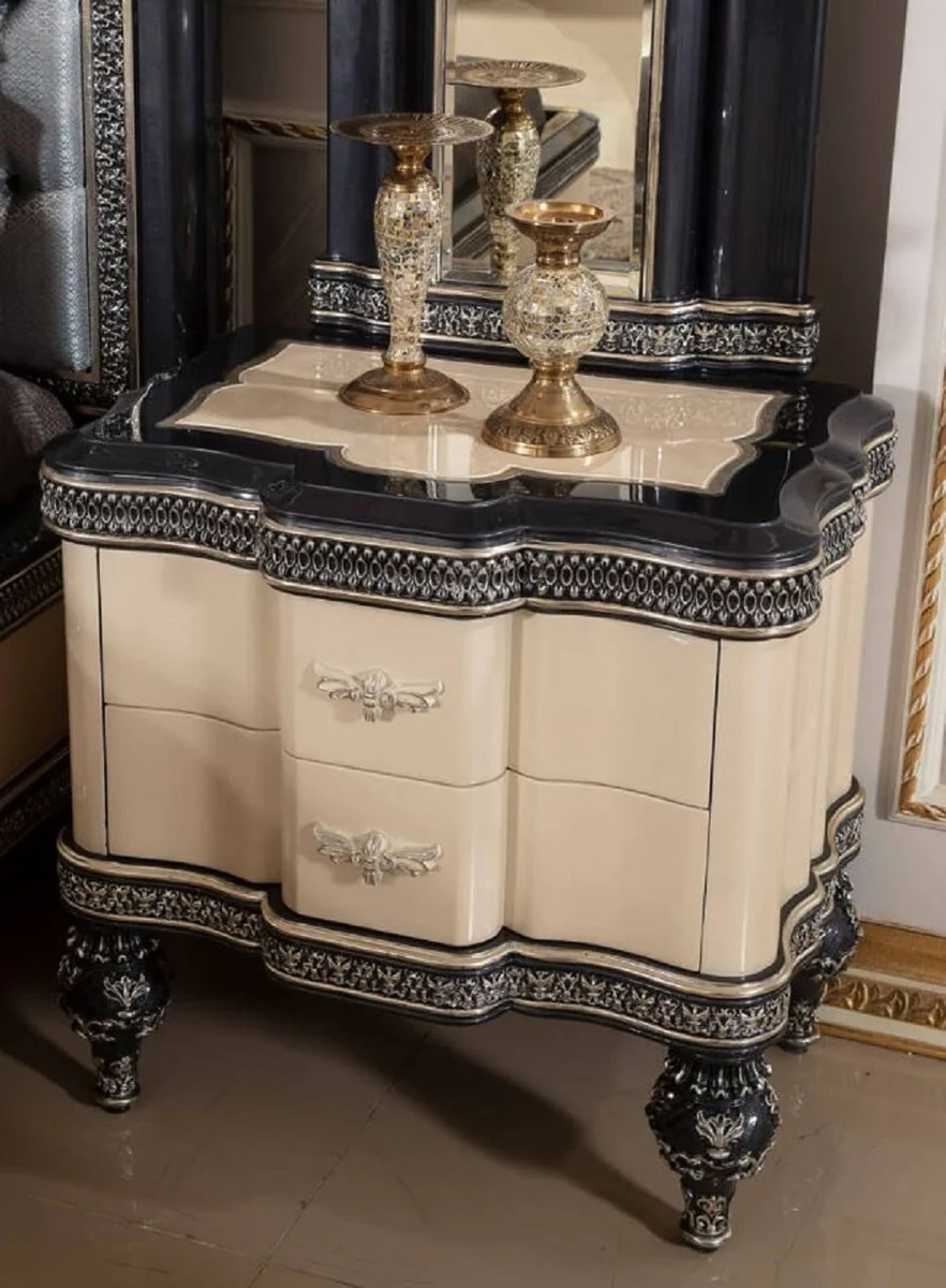 Luxury baroque night dresser beige / black / gold - magnificent baroque style bedside table with 2 drawers - luxury bedroom furniture in baroque style - baroque furniture - baroque interior