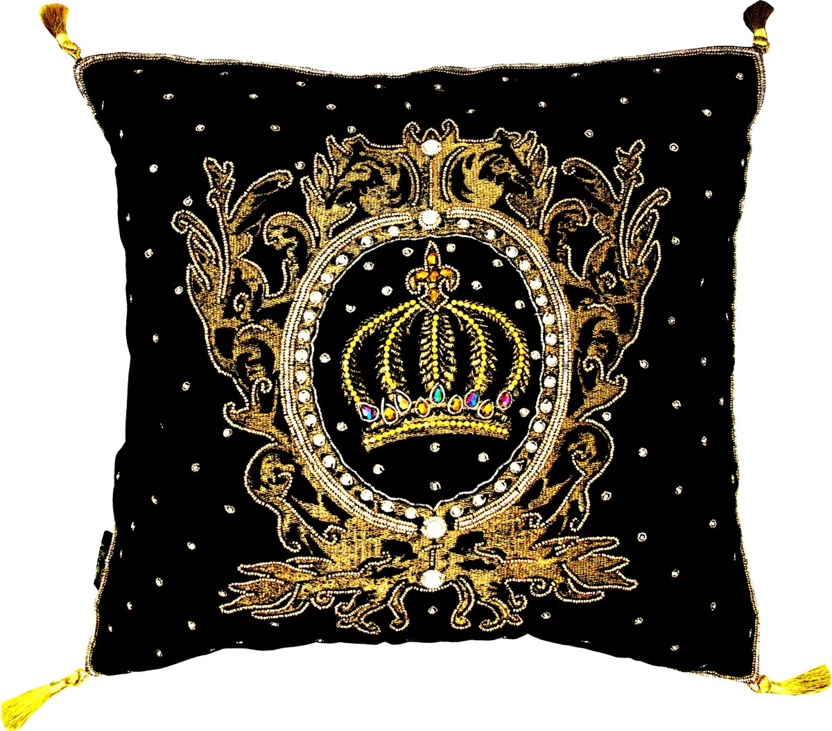 Harald Glööckler luxury baroque decorative cushion Pompöös by Crown & Stars black / gold elaborately decorated with sequins and rhinestones