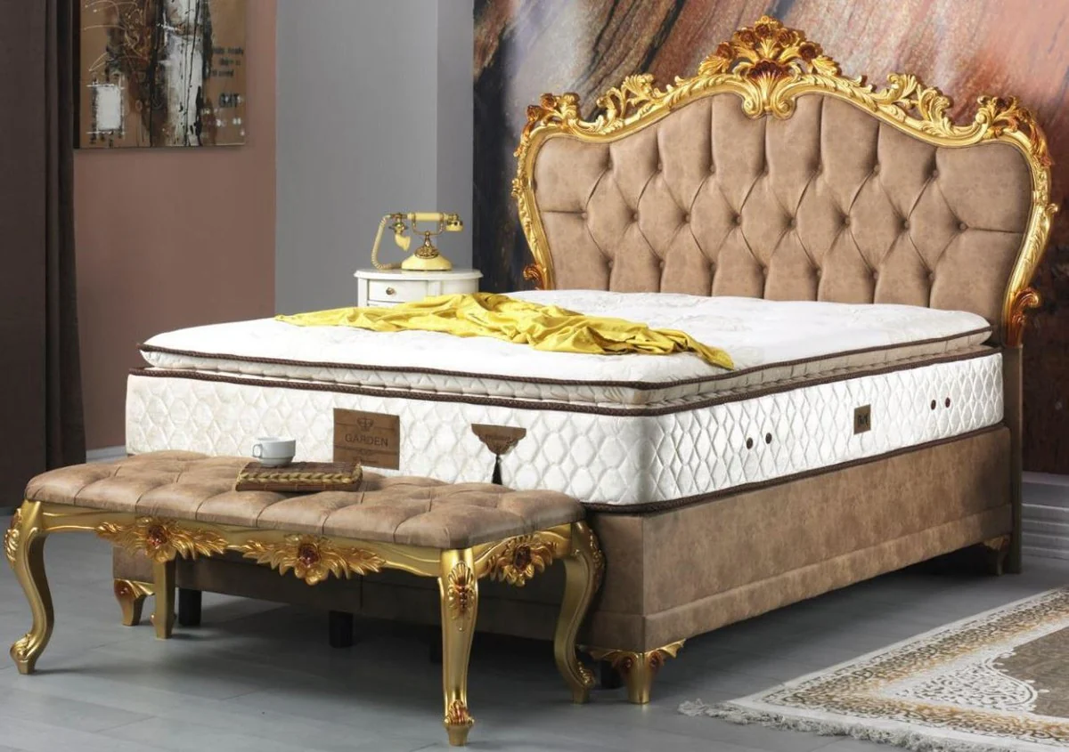 Baroque double bed brown / gold - magnificent velvet bed with mattress - bedroom set in baroque style - bedroom furniture