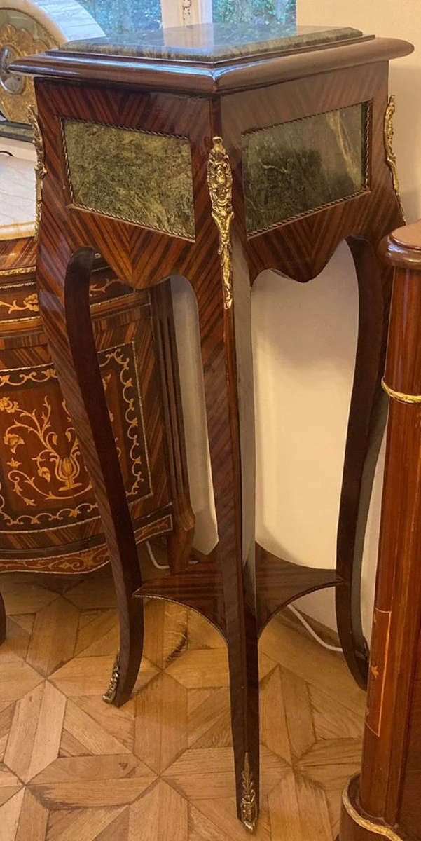 Baroque Column Brown / Green / Gold - Handmade Antique Style Solid Wood Side Table with Marble Top - Living Room Furniture in Baroque Style - Antique Style Furniture - Baroque Furniture