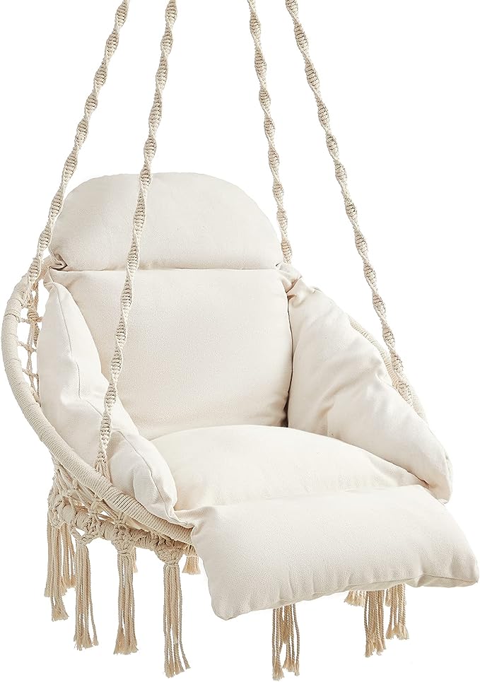 SONGMICS Hängestuhl, Hängestuhl mit großem, dicken Kissen, Boho Swing Stuhl für Schlafzimmer, Patio, Balkon, Garten, Wohnzimmer, hält bis zu 264 lb, Cloud White UGDC042M01