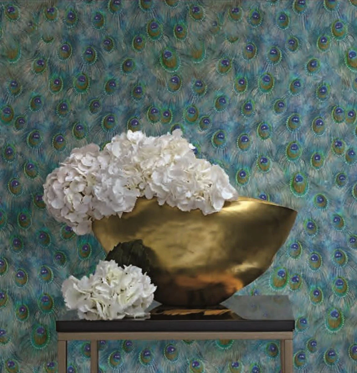 Harald Glööckler designer baroque non-woven wallpaper 58504 - peacock feathers - blue / green / turquoise