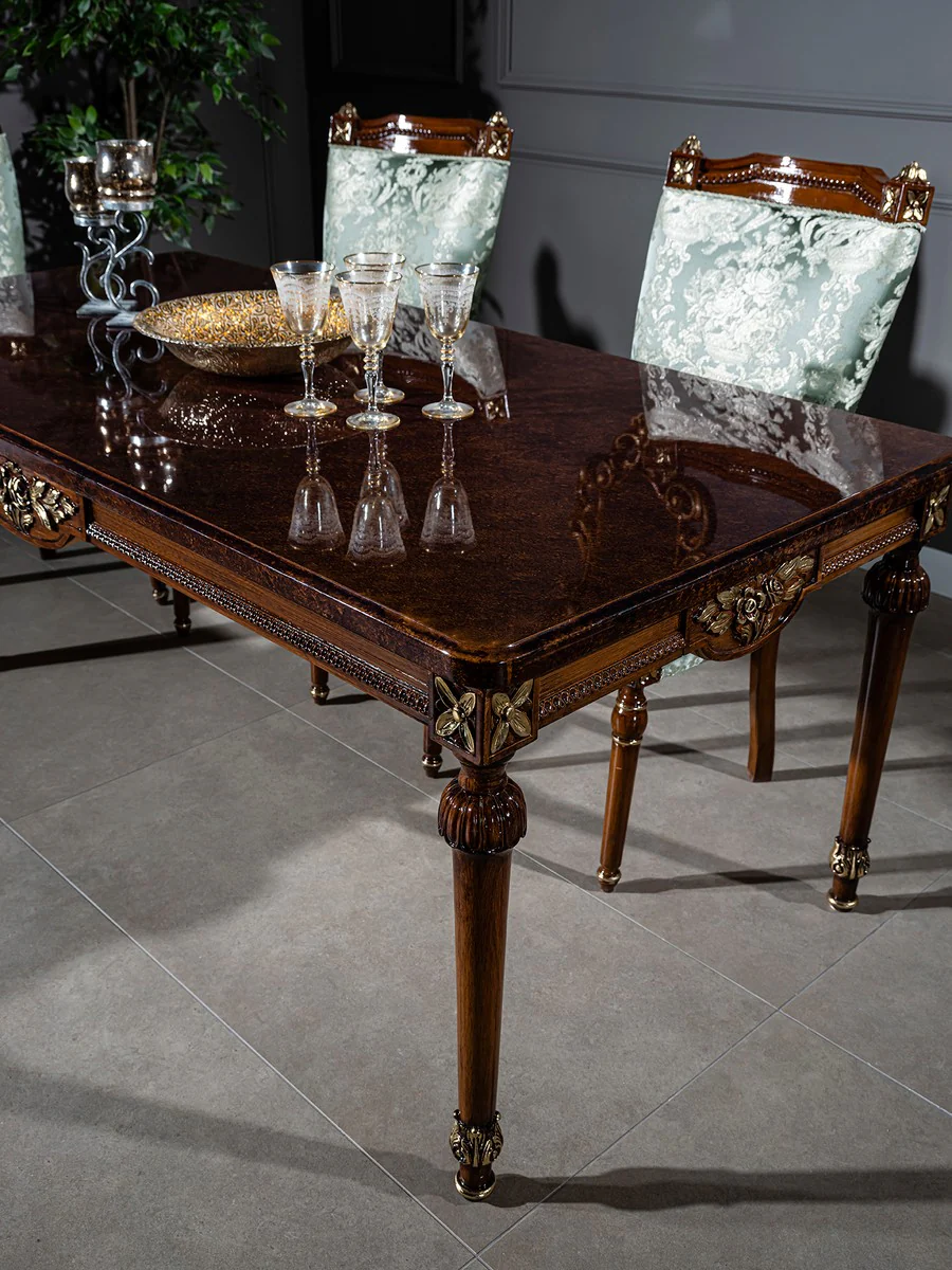 Luxury baroque dining table brown 194 x 94 x H. 77 cm - solid wood dining room table - kitchen table - dining room furniture in baroque style