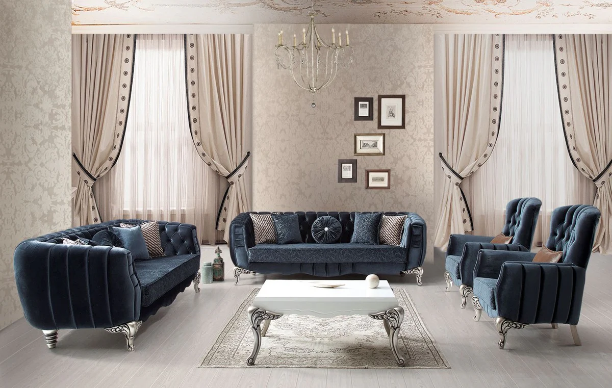 Luxury baroque sofa blue / silver 235 x 103 x H. 82 cm - Baroque style living room sofa with decorative pillows - Baroque living room furniture