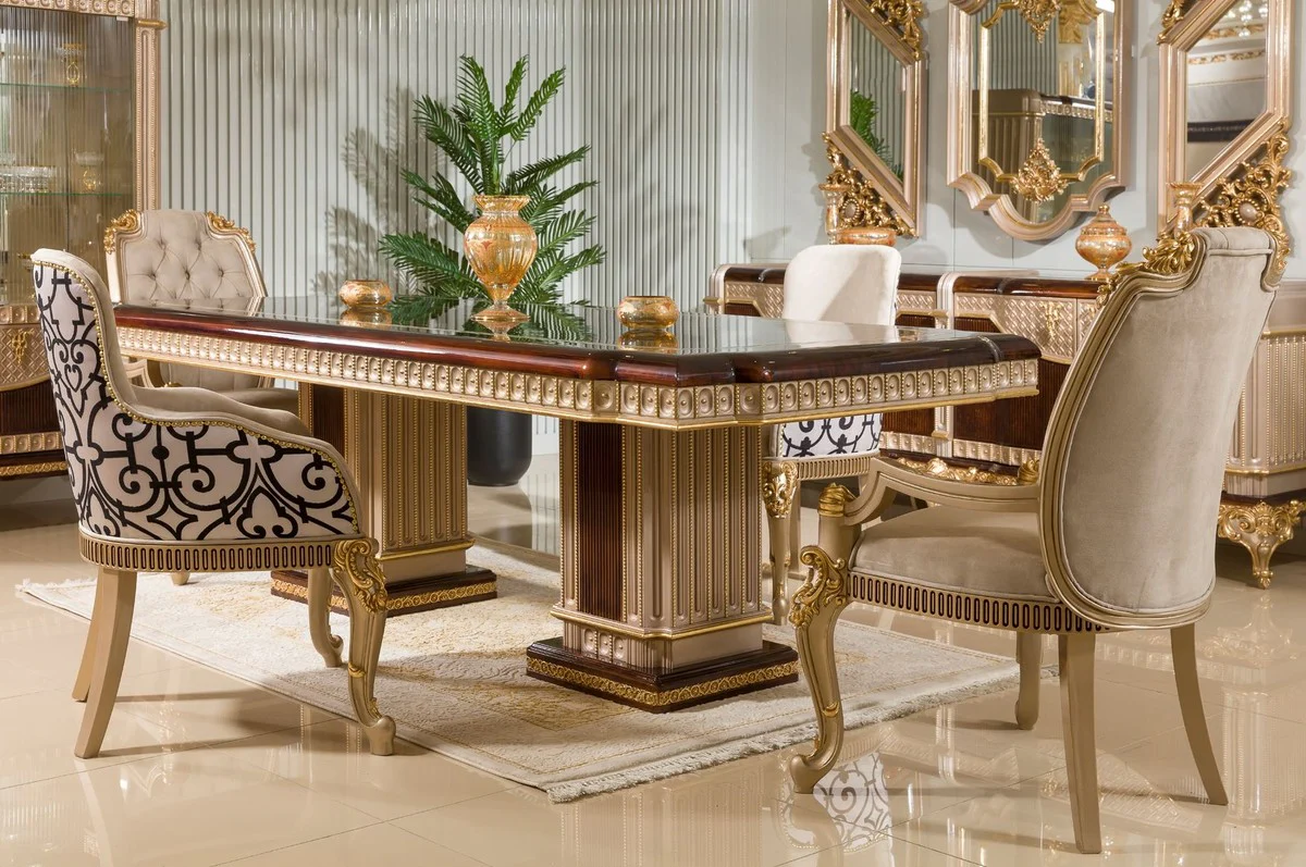 Luxury Baroque Dining Room Chair with Armrests Gray / White / Black / Gold H. 94 cm