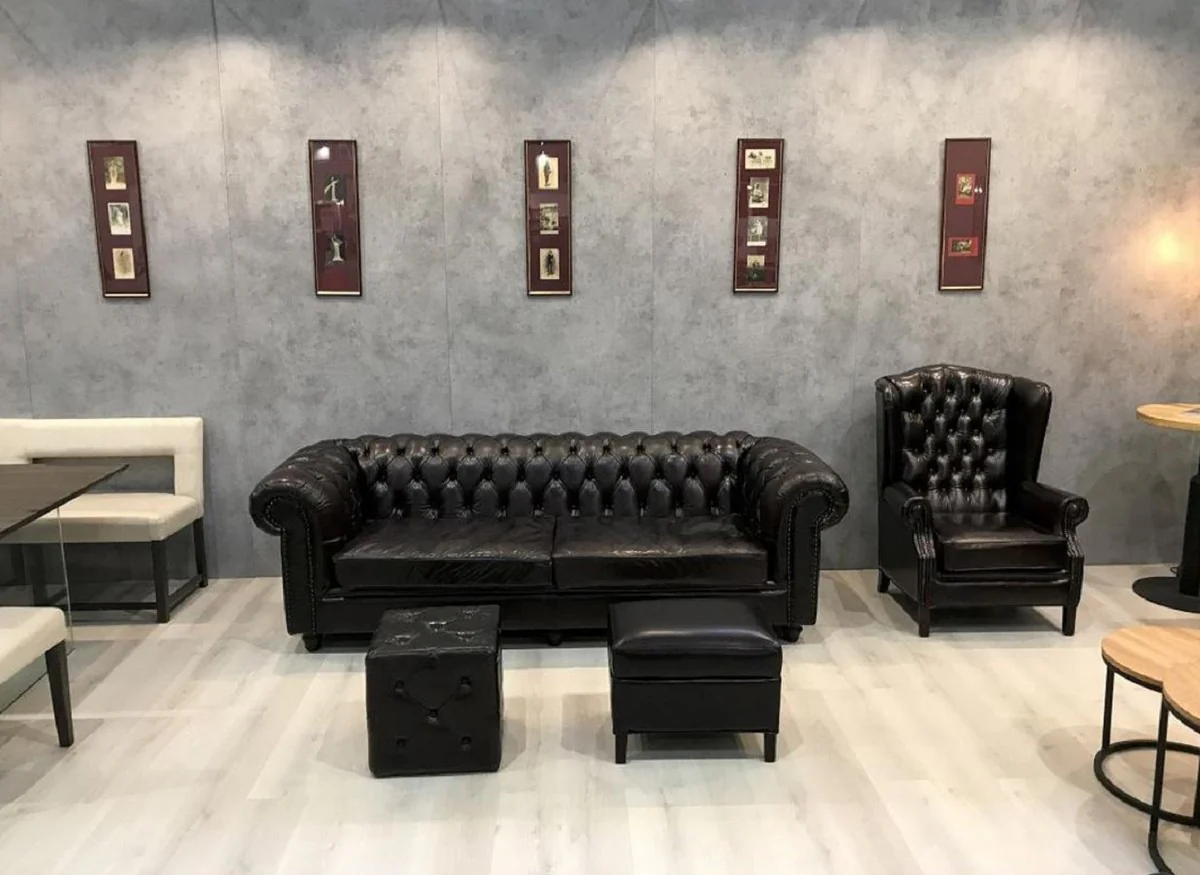 Luxury Chesterfield Leather Wing Chair Black - Chesterfield Real Leather Living Room Armchair - Living Room Furniture - Chesterfield Furniture - Real Leather Furniture - Luxury Furniture - Luxury Furnishings