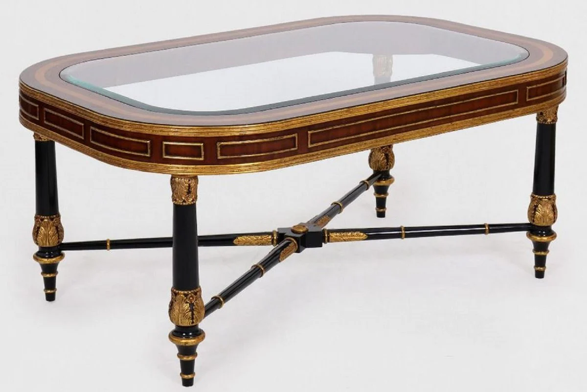 Luxury baroque coffee table brown / black / gold 122 x 81 x H. 56 cm - Noble solid wood living room table with glass top - Baroque furniture