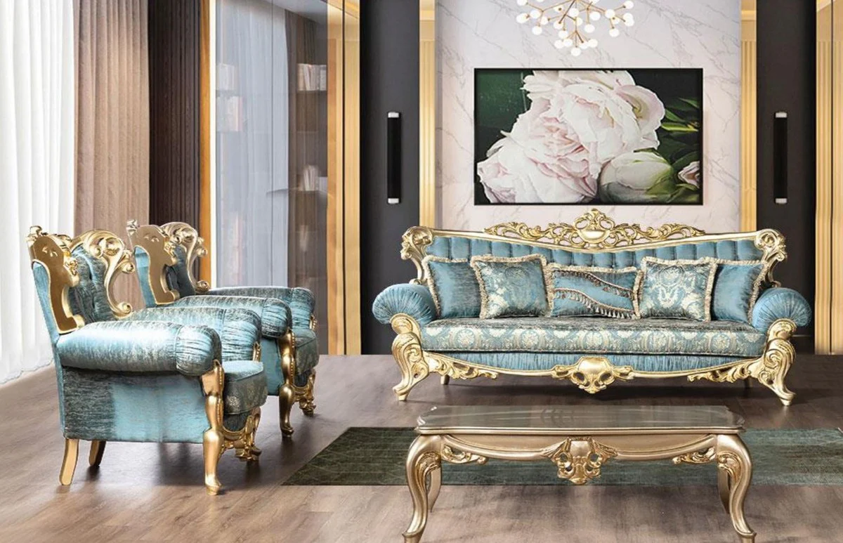 Luxus Barock Wohnzimmer Set Türkis / Gold - 2 Barock Sofas mit Muster & 2 Barock Sessel mit Muster & 1 Barock Couchtisch - Barock Wohnzimmer Möbel