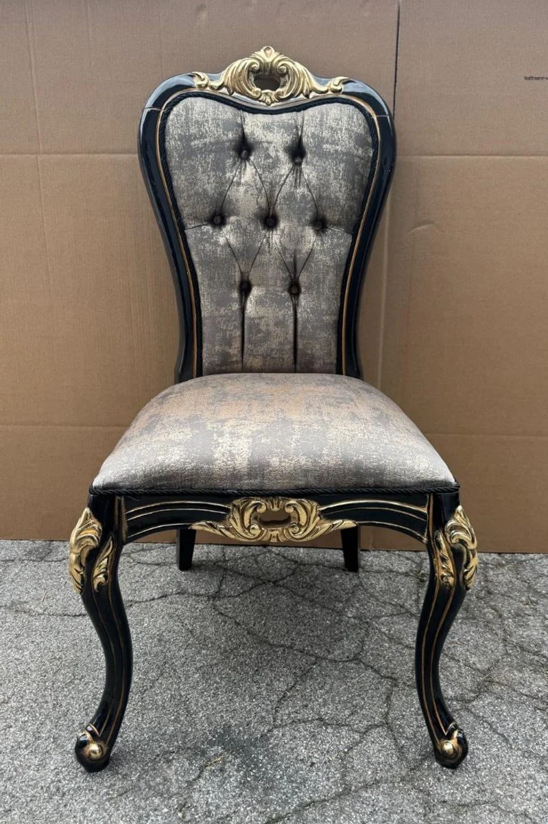 Luxus Barock Esszimmer Stuhl Grau / Schwarz / Gold H. 109 cm - Barock Möbel