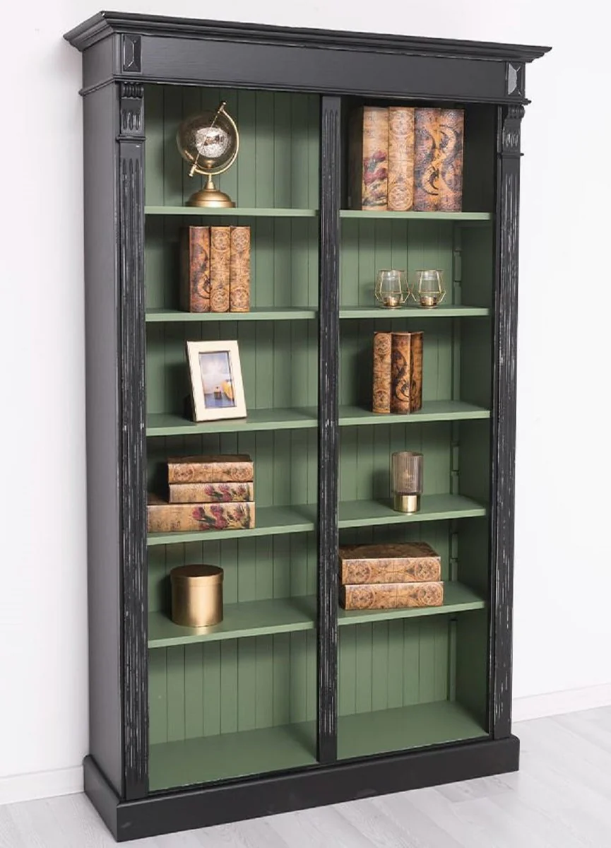 Country house style bookcase antique black / green 120 x 39 x H. 197 cm - solid wood cabinet - shelf cabinet - living room cabinet - office cabinet - country house style furniture