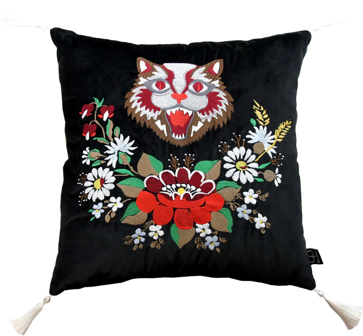 Luxus Deko Kissen mit Troddeln Cat Schwarz / Weiß 45 x 45 cm - Feinster Samtstoff - Wohnzimmer Kissen