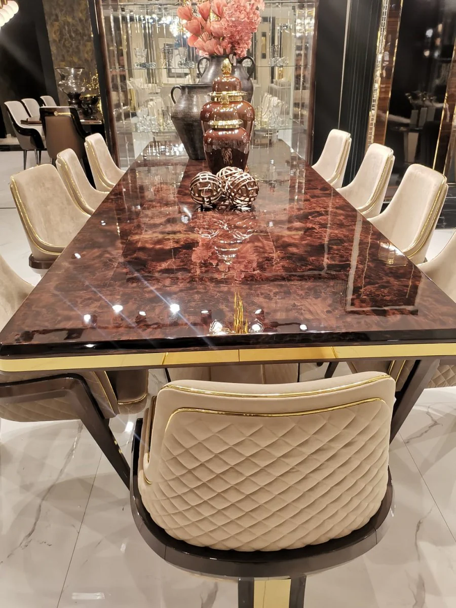 Luxury Art Deco dining table brown / beige / gold 226 x 112 x H. 70 cm - solid wood kitchen table with table top in marble look - dining room furniture - Art Deco furniture - luxury furniture