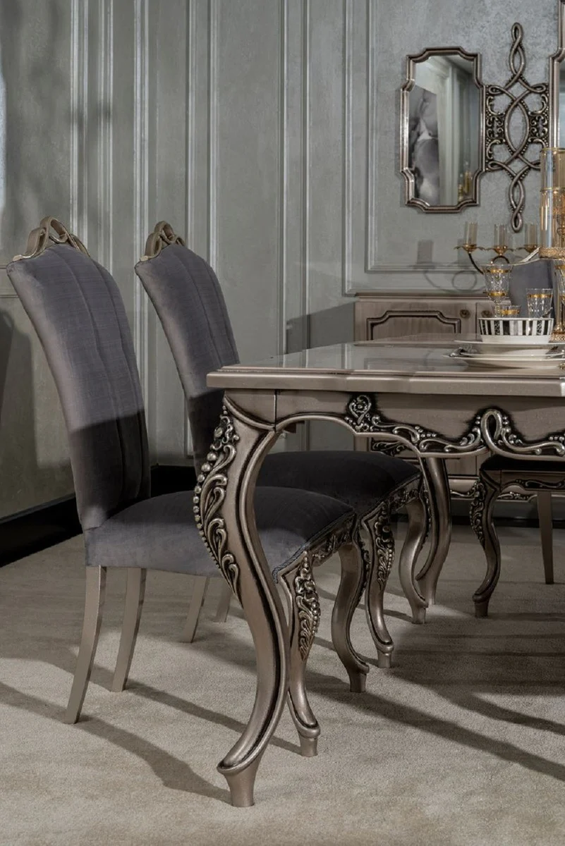 Luxury Baroque Dining Room Set Gray / Silver - 1 Baroque Dining Table & 6 Baroque Dining Chairs - Luxury Dining Room Furniture in Baroque Style - Magnificent Baroque Dining Room Furniture