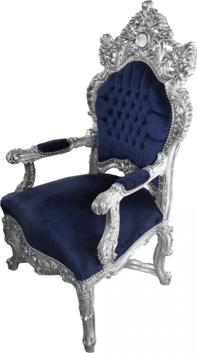 Barock Thron Sessel Royalblau / Silber - Unikat - Barock Möbel Tron Königssessel