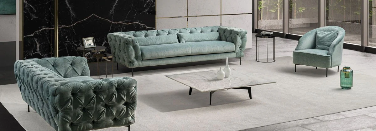 Luxury Chesterfield 3-seater sofa turquoise / black 258 x 99 x H. 83 cm - living room sofa - hotel sofa - living room furniture - Chesterfield furniture - luxury furniture - luxury furnishings