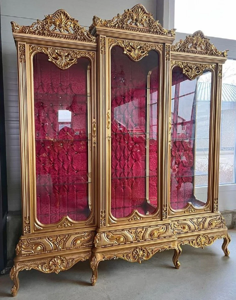 Baroque display cabinet gold / burgundy red - handmade solid wood display cabinet with 3 glass doors and glittering stones - baroque furniture - noble and magnificent