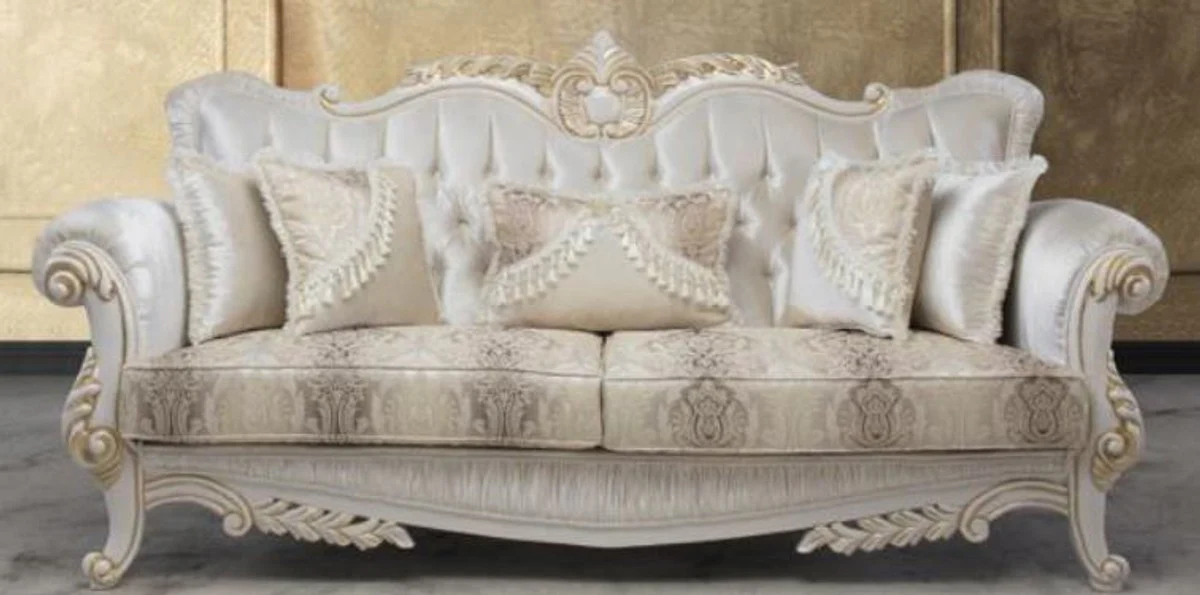 Luxury Baroque sofa with decorative pillows multicolored / white / gold 237 x 81 x H. 115 cm - Baroque living room furniture