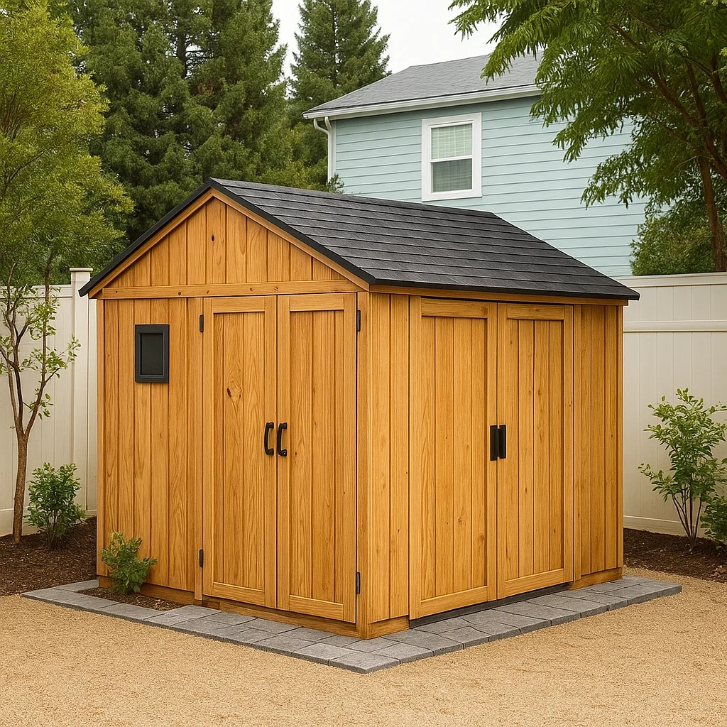 Gartenhaus aus Holz mit Satteldach und Doppeltüren, Holzfarbe, Maße 250 x 300 x 240 cm, für den Außenbereich - PJheShe8VhHl