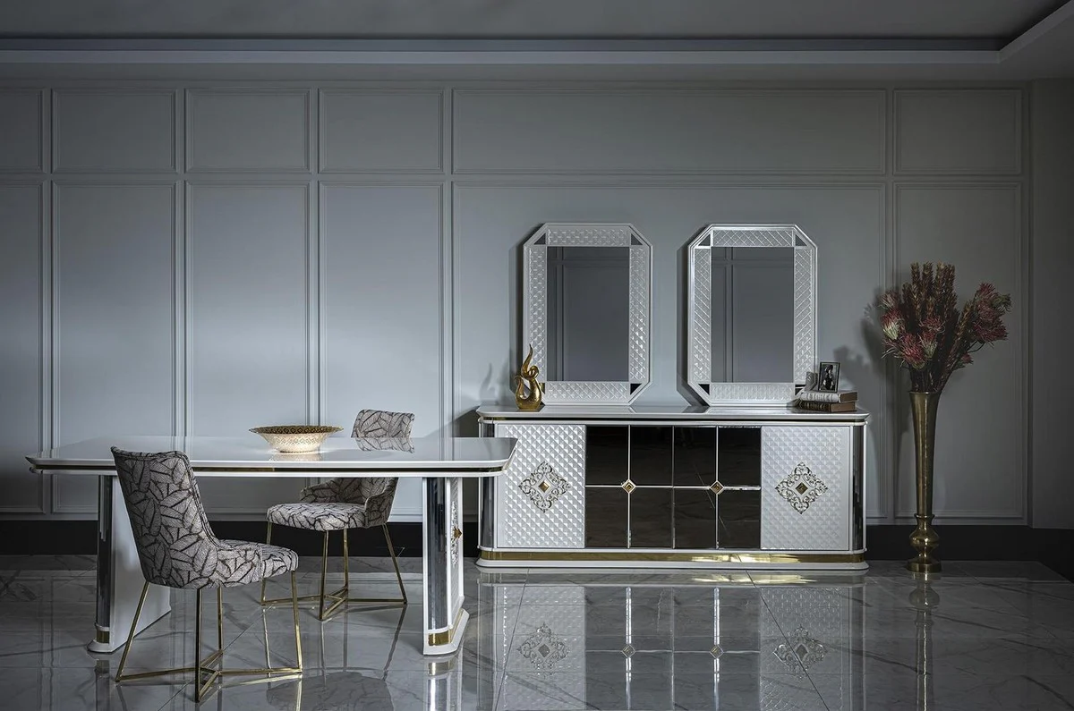 Luxury Art Deco Dining Table White / Gold - Handcrafted Solid Wood Kitchen Table with Mirror Glass - Art Deco Dining Room Furniture