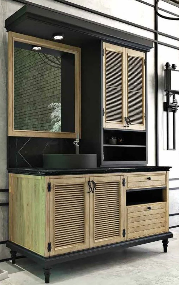 Luxury country house style bathroom set natural color / black - illuminated vanity unit with 4 doors and 2 drawers and 1 sink and 1 wall mirror - country house style bathroom furniture
