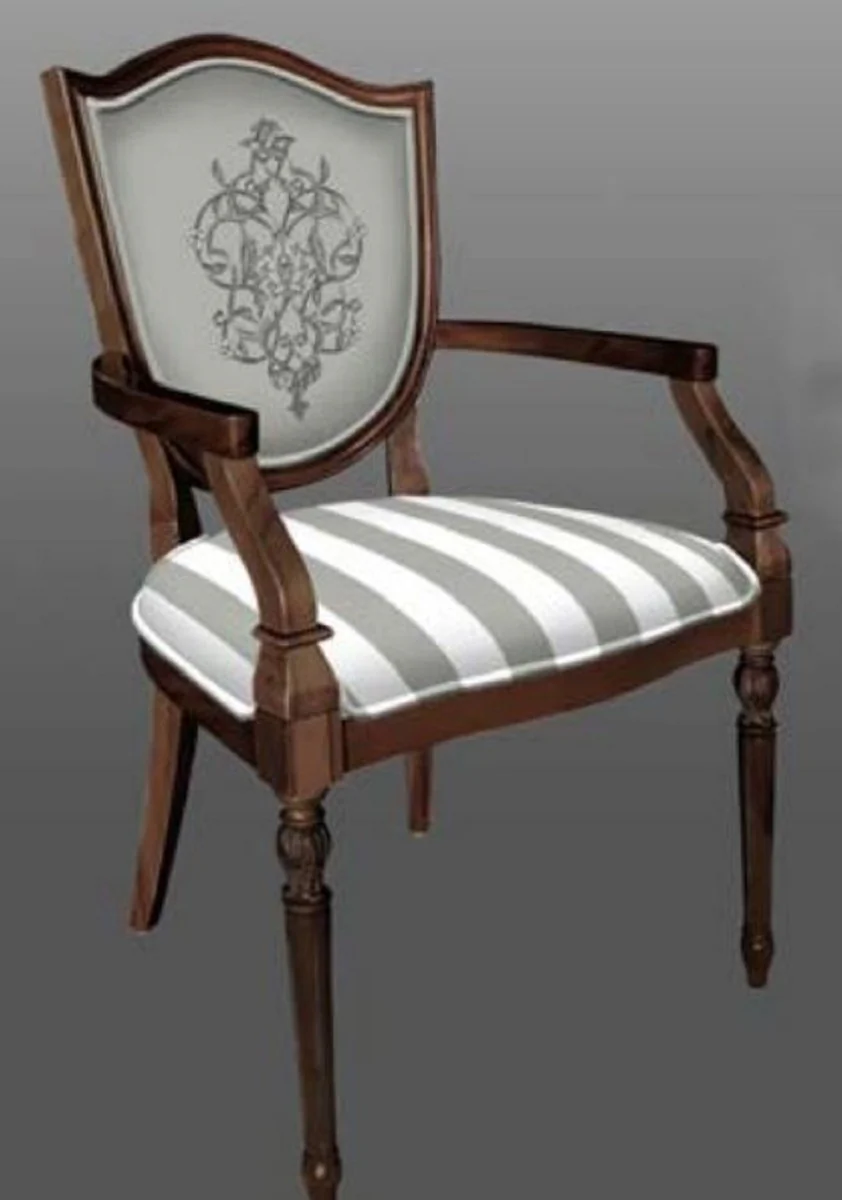 Art Deco dining room chair with armrests gray / white / brown - striped solid wood chair with elegant pattern - Art Deco dining room furniture