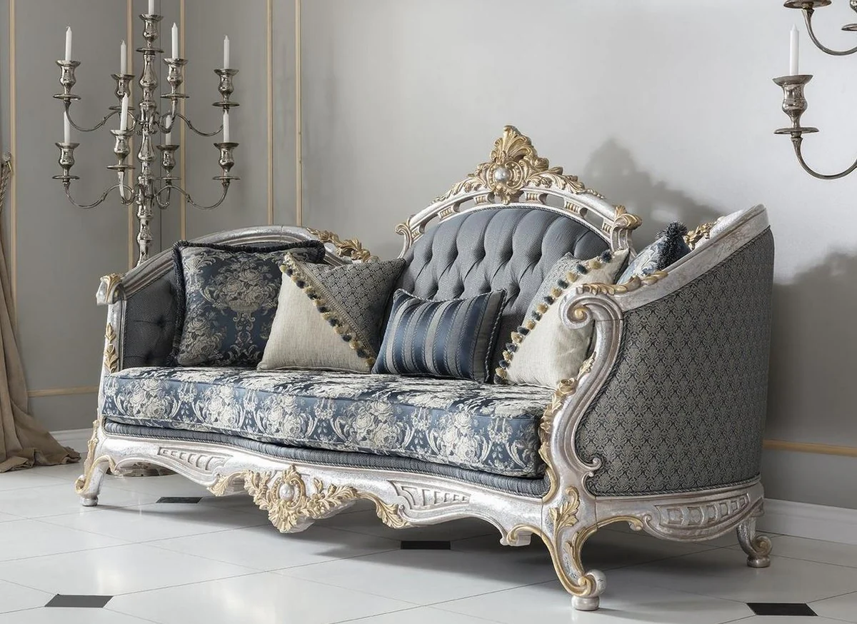 Luxury baroque living room sofa with decorative cushions gray / blue / silver / gold 250 x 95 x H. 125 cm - noble & magnificent