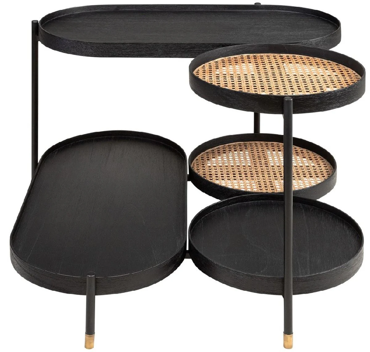 Luxury coffee table black / natural colors / brass 82.8 x 83.5 x H. 53 cm - Mindi wood & rattan living room table with steel frame - living room furniture - luxury furniture - luxury furnishings